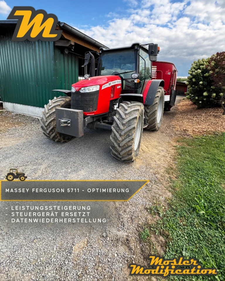 Dieser Massey Ferguson 5711 erhielt bei uns eine individuelle Leistungsoptimierung und profitierte von einer deutlichen Steigerung der Motorleistung. Die Serienleistung von 110 PS und 460 Nm konnten wir auf 140 PS und 550 Nm bringen. Mit 30 PS und 90 Nm zusätzlicher Leistung steht dem Schlepper damit spürbar mehr Durchzugskraft für den täglichen Einsatz zur Verfügung.

🔧 Modell: Massey Ferguson 5711
🚀 Ergebnis: 140 PS / 550 Nm
🧠 Wiederherstellung der Steuergerätedaten

Neben der Leistungsoptimierung war bei diesem MF auch technisches Know-how gefragt: Nach einem Kabelbrand musste das Motorsteuergerät ersetzt werden. Die benötigten Daten des ursprünglichen Steuergeräts wurden von uns wiederhergestellt und auf das neue Motorsteuergerät übertragen, sodass der Schlepper anschließend wieder vollständig einsatzbereit war.

Durch die individuell abgestimmte Softwareoptimierung spricht der Motor zudem souveräner an und stellt insbesondere unter Last mehr Drehmoment zur Verfügung. So verbindet der MF 5711 die erfolgreiche Instandsetzung mit einem deutlichen Plus an Leistung.

📍 Vor-Ort-Service
📩 Anfragen gerne per DM
🌐 www.mosler-modification.eu

#MoslerModification #MasseyFerguson #MF5711 #MasseyFerguson5711 #MF #Leistungsoptimierung #Steuergerät #Motorsteuergerät #ECU #ECURepair #Landtechnik #Agrartechnik #Traktor #Schlepper #Softwareoptimierung #DieselPower #Landwirtschaft #Farming #FarmLife #Diagnose #Deutschland #Germany