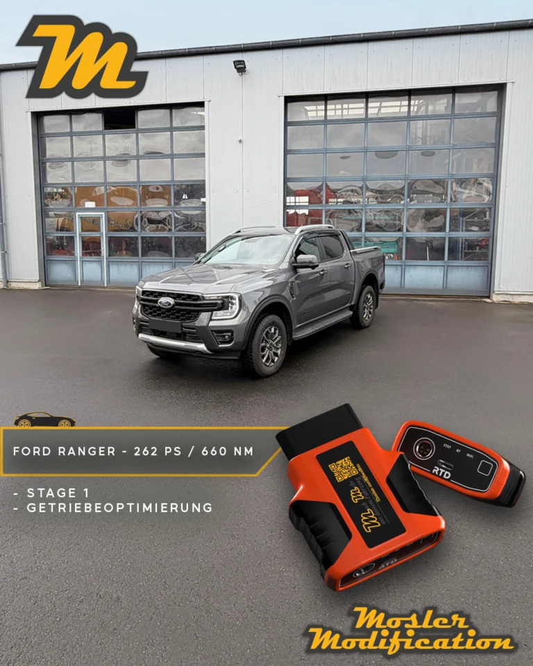 Dieser Ford Ranger wurde mithilfe unseres Mosler Modification Remote Flashers optimiert. Der Kunde entschied sich für eine Stage 1, die das Fahrzeug auf satte 262 PS und 660 Nm Drehmoment anhebt. Die optionale Getriebeoptimierung sorgt für schnellere, präzisere Gangwechsel und eine harmonischere Kraftentfaltung bei der Beschleunigung.

Der Flasher wird einfach in den OBD-Port eures Fahrzeugs gesteckt, die Software per App ausgelesen und mit euren Wünschen an uns gesendet - wir erledigen dann den Rest. Die optimierte Software senden wir euch anschließend zu und ihr könnt sie mithilfe des Flashers selbst aufspielen.

🔧 Modell: Ford Ranger (Wildtrak)
🚀 Stage 1 Ergebnis: 262 PS / 660 Nm
🧠 Umsetzung: Mosler Modification Remote Flasher

Deutlich gesteigerte Leistung, kräftiger Durchzug über das gesamte Drehzahlband und ein spürbar sportlicheres Ansprechverhalten - und das alles ohne viel Aufwand von überall aus möglich.

Zusätzlich können wir für das Fahrzeug unter Anderem folgende weitere Optimierungen anbieten:

✅ Öldruckanpassung
✅ Schaltzeitenkorrektur
✅ Schubabschaltung

📍 Remote programmierbar
📩 Anfragen via DM
🛜 Erhältlich auf www.mosler-modification.eu

#Ford #Ranger #FordRanger #Wildtrak #Leistungssteigerung #ECU #Softwareoptimierung #Tuning #Stage1 #MoslerModification #Flasher #RemoteFlasher #cars #viral #offroad #pickup #truck #Deutschland #Germany