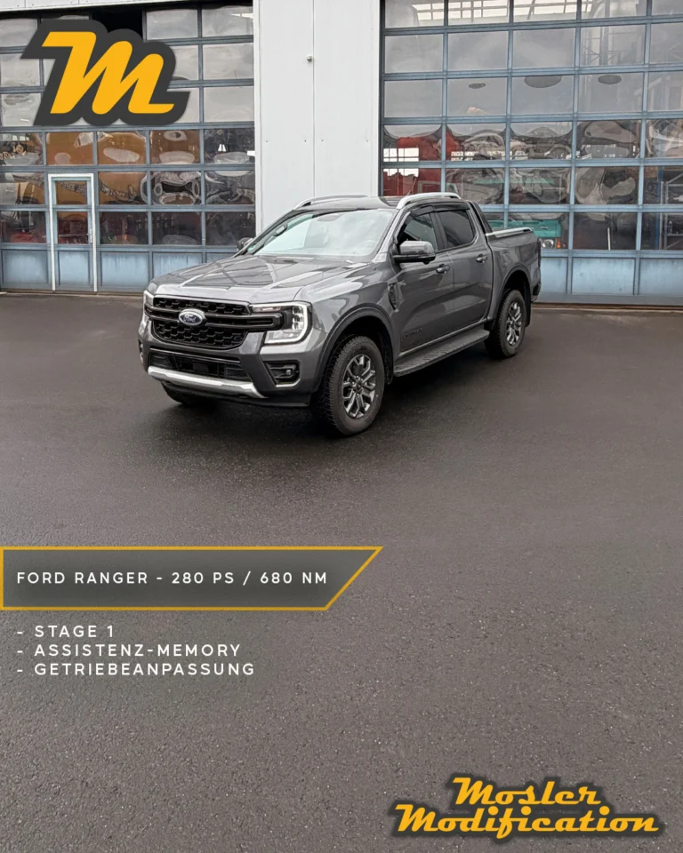 Dieser Ford Ranger V6 3.0 Diesel verließ unsere Werkstatt mit einer Stage 1 Optimierung. Die Serienleistung von 240 PS und 600 Nm konnten wir auf 280 PS und 680 Nm steigern. Mit 40 PS und 80 Nm zusätzlicher Leistung bietet der Pickup sowohl im Alltag als auch unter hoher Belastung noch mehr Durchzugskraft und ein spürbar souveräneres Fahrverhalten.

🔧 Modell: Ford Ranger V6 3.0 Diesel
🚀 Stage 1 Ergebnis: 280 PS / 680 Nm
⚙️ Getriebeoptimierung
🧠 Assistenzsysteme auf Memoryfunktion 

Neben der Leistungssteigerung erhielt das Fahrzeug außerdem eine individuell abgestimmte Getriebeoptimierung, die für harmonischere Schaltvorgänge und eine noch bessere Kraftentfaltung sorgt. Zusätzlich wurden die Assistenzsysteme auf Memoryfunktion programmiert, sodass die gewählten Einstellungen nach jedem Neustart automatisch erhalten bleiben.

📍 Individuell abgestimmt
📩 Anfragen via DM
🛜 www.mosler-modification.eu

#Ford #Ranger #FordRanger #Diesel #Softwareoptimierung #offroad #offroadbuild #pickuptruck #stage1 #Getriebeoptimierung #Dieselpower #Drehmoment #torque #offroadnation #fordperformance #tuning #cars #trucksofinstagram #MoslerModification #Deutschland #Germany