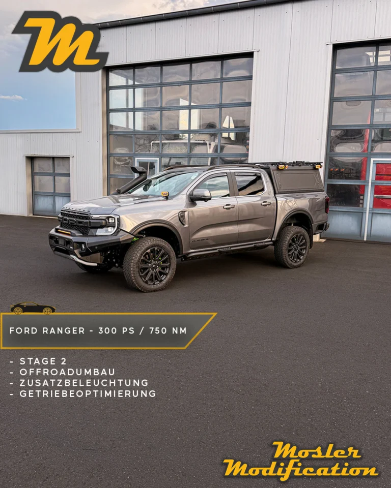 Luxus trifft Geländetauglichkeit! 🔥

Dieser Ford Ranger Platinum mit 3,0-Liter-V6-Dieselmotor kam direkt als Neuwagen zu uns und wurde in einem aufwendigen Komplettumbau für den anspruchsvollen Gelände- und Jagdeinsatz vorbereitet. Von der Fahrwerkstechnik über die zusätzliche Beleuchtung bis hin zur Motor- und Getriebeoptimierung wurde das Fahrzeug umfassend auf seine zukünftigen Aufgaben abgestimmt.

🔧 Modell: Ford Ranger Platinum 3.0 V6 Diesel
🚀 Stage 2: ca. 300 PS / 750 Nm
🔩 Motor- und Getriebeoptimierung

Der Umbau im Überblick:
✅ Neue Front- und Heckstoßstange
✅ Frontseilwinde
✅ Höherlegungsfahrwerk und Spurverbreiterungen
✅ Hardtop mit integriertem Schubladensystem
✅ 16 zusätzliche Arbeitsscheinwerfer mit verschiedenen Lichtstufen

Neben den umfangreichen mechanischen Anpassungen erhielt der Ranger eine Stage-2-Softwareoptimierung inklusive Getriebeanpassung. Mit rund 300 PS und 750 Nm Drehmoment stehen nun zusätzliche Leistungsreserven zur Verfügung - besonders dann, wenn es abseits befestigter Straßen anspruchsvoll wird.

📍 Vor-Ort-Service
📩 Anfragen gerne per DM
🌐 www.mosler-modification.eu

#MoslerModification #Ford #FordRanger #FordRangerPlatinum #FordRangerV6 #RangerPlatinum #Offroad #OffroadUmbau #JagdFahrzeug #Pickup #Stage2 #Chiptuning #ECU #Tuning #Geländewagen #4x4 #DieselPower #Deutschland #Germany