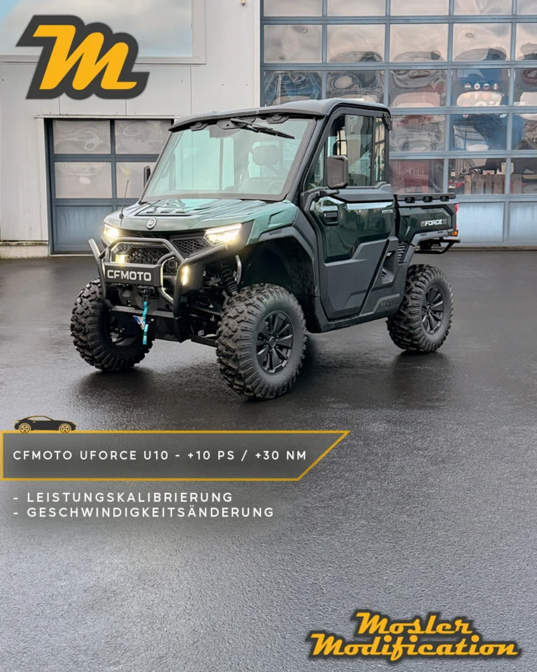Mit dem neuen CFMOTO UFORCE U10 Pro kam ein modernes Utility Vehicle zu uns. Der Besitzer wünschte sich etwas mehr Leistungsreserven sowie eine angepasste Höchstgeschwindigkeit - selbstverständlich inklusive TÜV-Eintragung. Das Ergebnis: spürbar mehr Durchzug und eine alltagstaugliche Abstimmung für Straße und Gelände.

🔧 Modell: CFMOTO UFORCE U10 Pro
🚀 Optimierung: +10 PS / +30 Nm
📈 Zusätzlich: Geschwindigkeitsanpassung inkl. TÜV-Eintragung

Mehr Leistung bedeutet beim UTV ein souveräneres Fahrgefühl, bessere Beschleunigung und mehr Reserven - egal ob im Arbeitseinsatz, auf dem Hof oder in anspruchsvollem Gelände.

📍 Individuell umgesetzt
📩 Anfragen via DM
🛜 www.mosler-modification.eu

#CFMOTO #UFORCE #UFORCEU10Pro #UTV #SideBySide #Offroad #UtilityVehicle #Leistungssteigerung #Leistungsoptimierung #Motoroptimierung #ECU #Tuning #Kennfeldoptimierung #Vmax #TÜV #TÜVEintragung #Fahrzeugtechnik #OffroadLife #Landtechnik #Werkstatt #MoslerModification #Deutschland #Germany