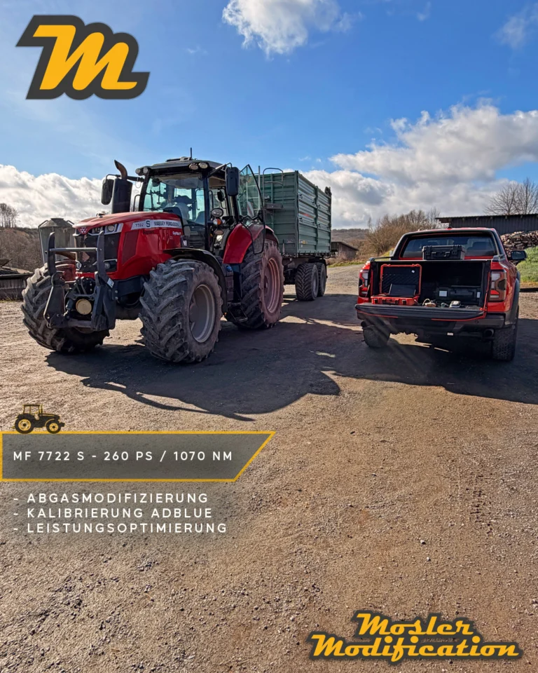 Hier waren wir für eine Optimierung mit einem unserer Service-Fahrzeuge beim Kunden vor Ort. Dieser Massey Ferguson 7722 S erhielt eine individuelle Leistungsoptimierung und wurde dabei deutlich kräftiger abgestimmt. Die Serienleistung von 215 PS und 974 Nm konnten wir auf 260 PS und 1.070 Nm steigern. Mit zusätzlichen 45 PS und 96 Nm arbeitet der Schlepper nun deutlich kraftvoller und gleichzeitig effizienter.

🔧 Modell: Massey Ferguson 7722 S
🚀 Ergebnis: 260 PS / 1.070 Nm
💨 Modifizierung der Abgasnachbehandlung
🧠 Kalibrierung der AdBlue-Einheit passend zur Motorleistung

Im Zuge der Optimierung wurde nicht nur die Motorsteuerung angepasst. Auch die Abgasnachbehandlung wurde entsprechend modifiziert und die AdBlue-Einheit auf die veränderten Motorparameter kalibriert. Dadurch arbeiten Motorsteuerung und Abgasnachbehandlung auch mit der gesteigerten Leistung passend zusammen.

Das Ergebnis: mehr Drehmoment im relevanten Arbeitsbereich, zusätzliche Leistungsreserven unter Last und eine auf den täglichen Arbeitseinsatz abgestimmte Software.

📍 Vor-Ort-Service
📩 Anfragen gerne per DM
🌐 www.mosler-modification.eu

#MoslerModification #MasseyFerguson #MF7722S #MasseyFerguson7722S #MF #Leistungsoptimierung #Landtechnik #Agrartechnik #Traktor #Schlepper #Softwareoptimierung #ECU #Tuning #DieselPower #AdBlue #Abgasnachbehandlung #Landwirtschaft #Farming #FarmLife #Deutschland #Germany