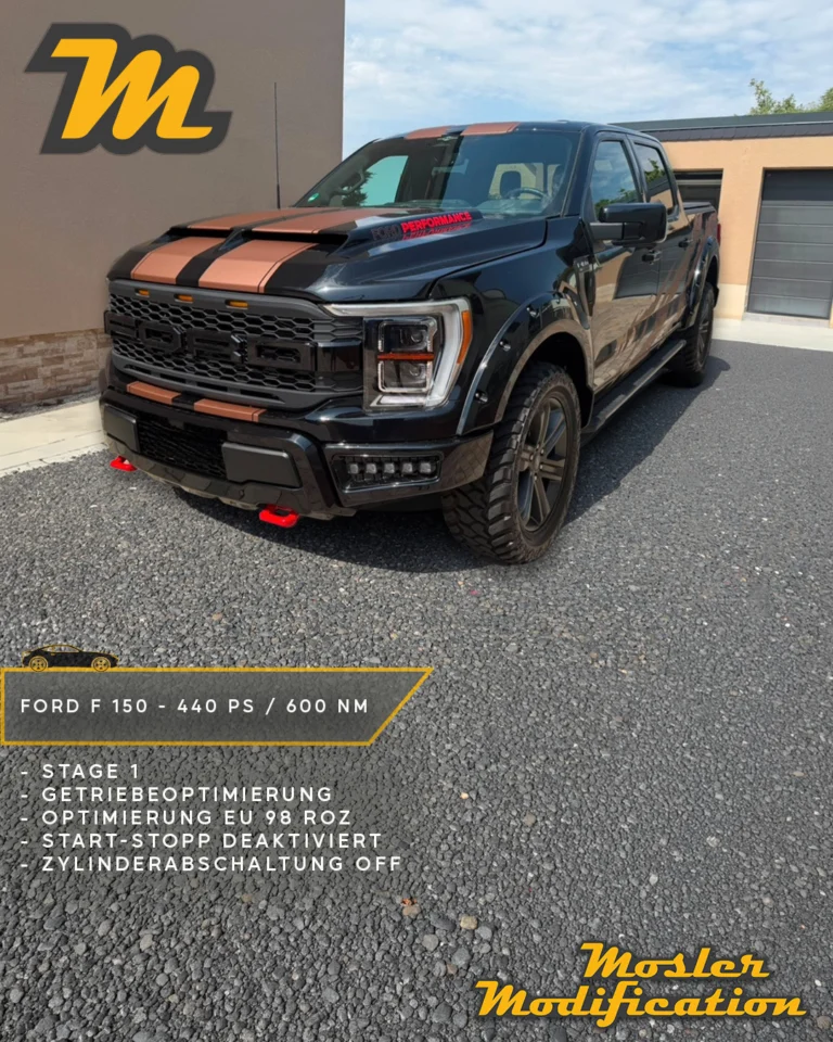 Amerikanischer V8 trifft auf europäische Kraftstoffqualität! Dieser Ford F 150 mit 5,0-Liter-V8-Benzinmotor erhielt bei uns eine Stage-1-Softwareoptimierung, abgestimmt auf europäischen Super-Plus-Kraftstoff mit 98 Oktan. Das Ergebnis: bis zu 440 PS und 600 Nm Drehmoment für noch mehr Durchzug und eine kraftvolle Leistungsentfaltung.

🔧 Modell: Ford F 150 5.0 V8
🚀 Stage-1-Ergebnis: ca. 440 PS / 600 Nm
⛽ Abstimmung auf EU 98 Oktan
⚙️ 10-Gang-Getriebeoptimierung
🔩 Zylinderabschaltung deaktiviert
🔧 Start-Stopp-System deaktiviert

Neben der Motoroptimierung wurde auch das 10-Gang-Automatikgetriebe softwareseitig angepasst, um das Zusammenspiel zwischen Motor und Getriebe weiter zu verbessern. Zusätzlich wurden die Zylinderabschaltung und das Start-Stopp-System deaktiviert.

📍 Vor-Ort-Service
📩 Anfragen gerne per DM
🌐 www.mosler-modification.eu

#Ford #FordF150 #F150 #FordPerformance #V8 #Stage1 #Chiptuning #Softwareoptimierung #ECU #Tuning #US #Import #MoslerModification #USCars #Motoroptimierung #Getriebeoptimierung #Deutschland #Germany